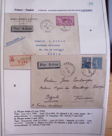 Collection de 126 plis : "Courriers aéropostaux vers et à partir de la Tunisie (1916 - 1943) dans un classeur de bureau blanc dont 4 plis Service postal aviation militaire sud tunisien