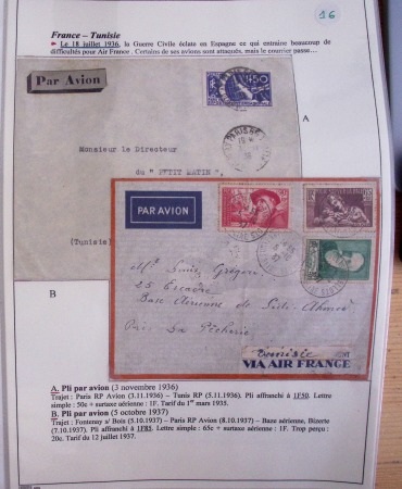 Collection de 126 plis : "Courriers aéropostaux vers et à partir de la Tunisie (1916 - 1943) dans un classeur de bureau blanc dont 4 plis Service postal aviation militaire sud tunisien