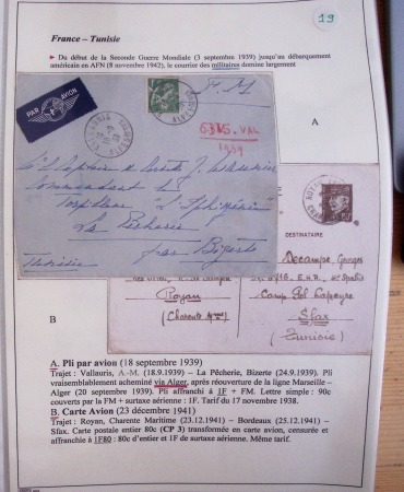 Collection de 126 plis : "Courriers aéropostaux vers et à partir de la Tunisie (1916 - 1943) dans un classeur de bureau blanc dont 4 plis Service postal aviation militaire sud tunisien