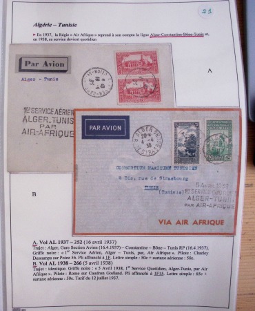 Collection de 126 plis : "Courriers aéropostaux vers et à partir de la Tunisie (1916 - 1943) dans un classeur de bureau blanc dont 4 plis Service postal aviation militaire sud tunisien