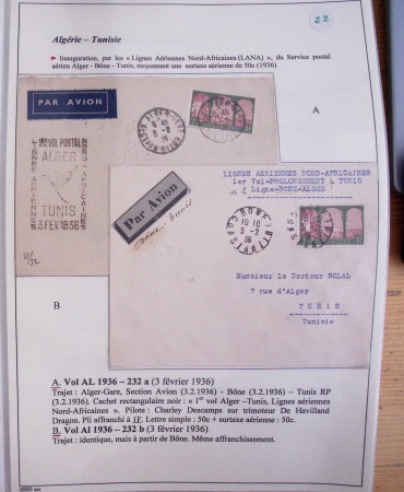 Collection de 126 plis : "Courriers aéropostaux vers et à partir de la Tunisie (1916 - 1943) dans un classeur de bureau blanc dont 4 plis Service postal aviation militaire sud tunisien