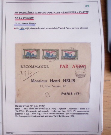 Collection de 126 plis : "Courriers aéropostaux vers et à partir de la Tunisie (1916 - 1943) dans un classeur de bureau blanc dont 4 plis Service postal aviation militaire sud tunisien