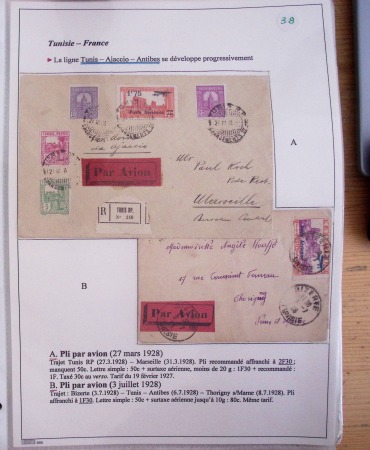 Collection de 126 plis : "Courriers aéropostaux vers et à partir de la Tunisie (1916 - 1943) dans un classeur de bureau blanc dont 4 plis Service postal aviation militaire sud tunisien