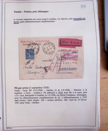 Collection de 126 plis : "Courriers aéropostaux vers et à partir de la Tunisie (1916 - 1943) dans un classeur de bureau blanc dont 4 plis Service postal aviation militaire sud tunisien