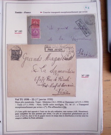 Collection de 126 plis : "Courriers aéropostaux vers et à partir de la Tunisie (1916 - 1943) dans un classeur de bureau blanc dont 4 plis Service postal aviation militaire sud tunisien