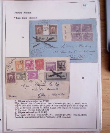 Collection de 126 plis : "Courriers aéropostaux vers et à partir de la Tunisie (1916 - 1943) dans un classeur de bureau blanc dont 4 plis Service postal aviation militaire sud tunisien