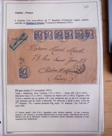 Collection de 126 plis : "Courriers aéropostaux vers et à partir de la Tunisie (1916 - 1943) dans un classeur de bureau blanc dont 4 plis Service postal aviation militaire sud tunisien