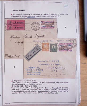 Collection de 126 plis : "Courriers aéropostaux vers et à partir de la Tunisie (1916 - 1943) dans un classeur de bureau blanc dont 4 plis Service postal aviation militaire sud tunisien