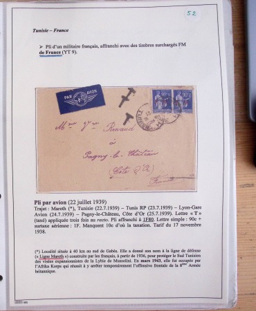 Collection de 126 plis : "Courriers aéropostaux vers et à partir de la Tunisie (1916 - 1943) dans un classeur de bureau blanc dont 4 plis Service postal aviation militaire sud tunisien