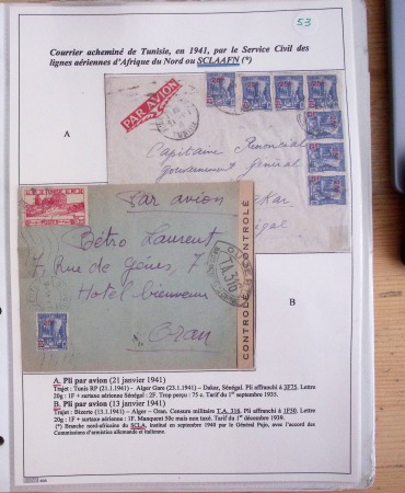Collection de 126 plis : "Courriers aéropostaux vers et à partir de la Tunisie (1916 - 1943) dans un classeur de bureau blanc dont 4 plis Service postal aviation militaire sud tunisien