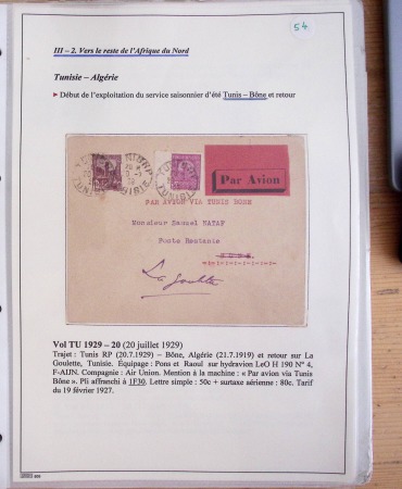 Collection de 126 plis : "Courriers aéropostaux vers et à partir de la Tunisie (1916 - 1943) dans un classeur de bureau blanc dont 4 plis Service postal aviation militaire sud tunisien