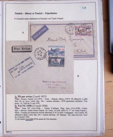 Collection de 126 plis : "Courriers aéropostaux vers et à partir de la Tunisie (1916 - 1943) dans un classeur de bureau blanc dont 4 plis Service postal aviation militaire sud tunisien