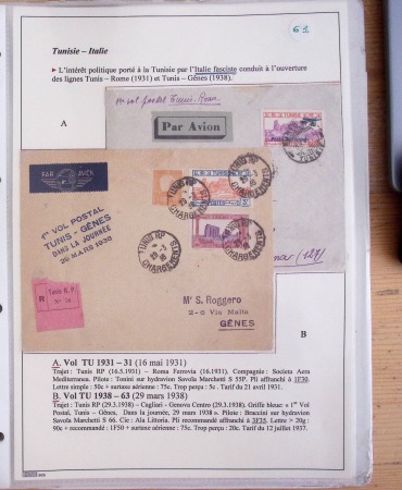 Collection de 126 plis : "Courriers aéropostaux vers et à partir de la Tunisie (1916 - 1943) dans un classeur de bureau blanc dont 4 plis Service postal aviation militaire sud tunisien
