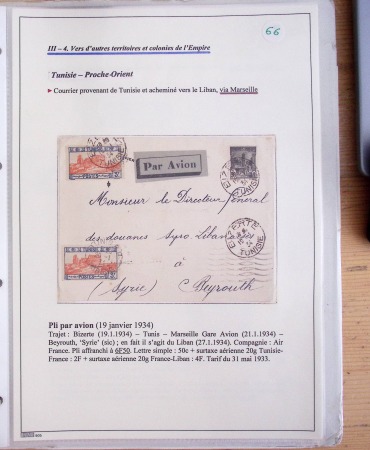 Collection de 126 plis : "Courriers aéropostaux vers et à partir de la Tunisie (1916 - 1943) dans un classeur de bureau blanc dont 4 plis Service postal aviation militaire sud tunisien