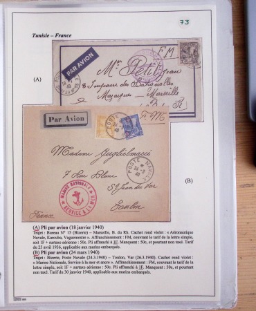 Collection de 126 plis : "Courriers aéropostaux vers et à partir de la Tunisie (1916 - 1943) dans un classeur de bureau blanc dont 4 plis Service postal aviation militaire sud tunisien