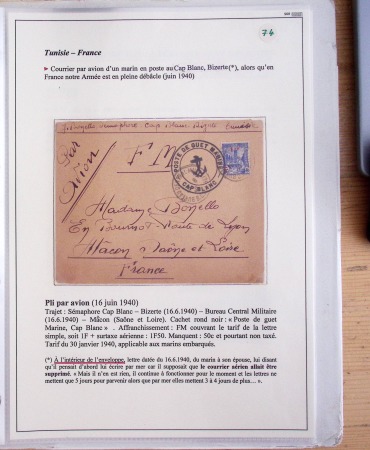 Collection de 126 plis : "Courriers aéropostaux vers et à partir de la Tunisie (1916 - 1943) dans un classeur de bureau blanc dont 4 plis Service postal aviation militaire sud tunisien