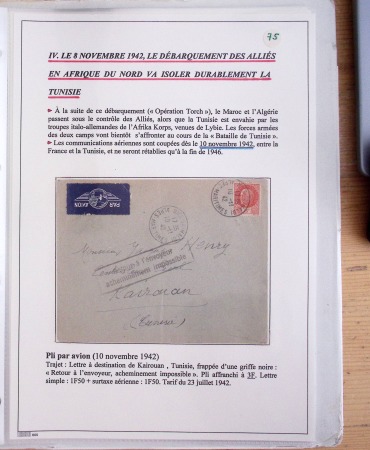 Collection de 126 plis : "Courriers aéropostaux vers et à partir de la Tunisie (1916 - 1943) dans un classeur de bureau blanc dont 4 plis Service postal aviation militaire sud tunisien