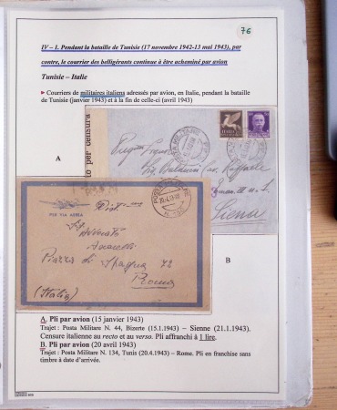 Collection de 126 plis : "Courriers aéropostaux vers et à partir de la Tunisie (1916 - 1943) dans un classeur de bureau blanc dont 4 plis Service postal aviation militaire sud tunisien
