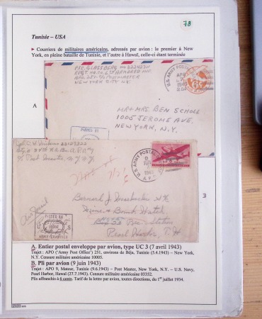 Collection de 126 plis : "Courriers aéropostaux vers et à partir de la Tunisie (1916 - 1943) dans un classeur de bureau blanc dont 4 plis Service postal aviation militaire sud tunisien