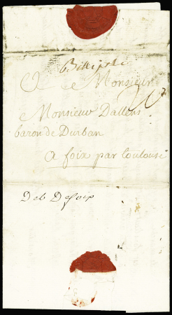 Marque manuscrite "Belle Isle" (L n°1, ind 16) sur lettre pour Foix avec taxe manuscrite 20 avec au verso marque manuscrite "Deb de Foix" (L n°5 - ind 20 - 1755)