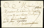 Marque manuscrite "Plelan" (1765 - L n°3 - ind 19) sur lettre pour Hennebont réexpédiée à Vannes avec au verso "Deboursé de Hennebon" (manuscrit - L n°4 - ind 20)