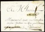 Lettre avec MP "S. Malo" (1767 - L n°9 - ind 11) et au verso marque manuscrite "DEBce de Ploermel" (L6 - ind 20). TB