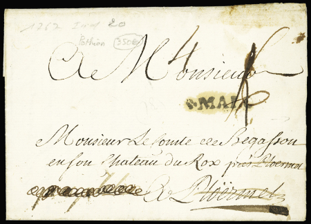 Lettre avec MP "S. Malo" (1767 - L n°9 - ind 11) et au verso marque manuscrite "DEBce de Ploermel" (L6 - ind 20). TB
