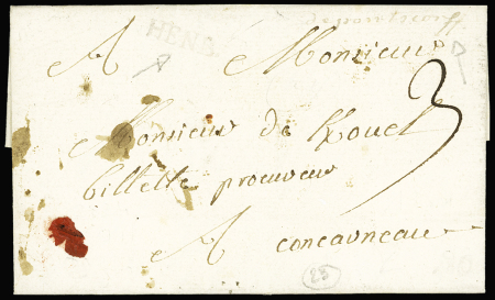 MP "Henb" (tampon) + "de Pontscorff" (manuscrite) (L n°1A - 1753), ind 23. rare et TB