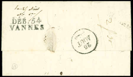 Lettre avec MP "54 Hennebon" (1828) et au verso MP "Deb 54 Vannes", ind 19. TB
