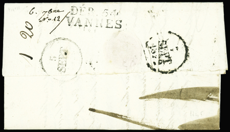 Lettre avec au verso MP "Deb 54 Vannes" (1829), ind 19. TB