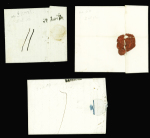 3 MP "Uannes" (L n°6A - 26x5mm - ind 12) et MP rouge "P 54 P Vannes" (28x10mm - 1824) et "P 54 P Vannes" avec "PP" surmonté d'un bonnet phrygien. Bel ensemble
