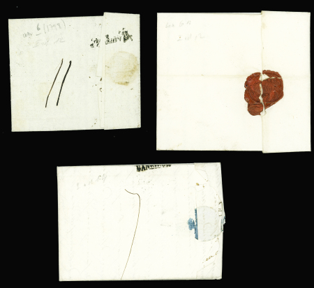 3 MP "Uannes" (L n°6A - 26x5mm - ind 12) et MP rouge "P 54 P Vannes" (28x10mm - 1824) et "P 54 P Vannes" avec "PP" surmonté d'un bonnet phrygien. Bel ensemble