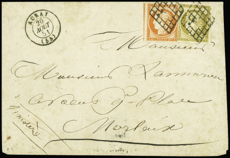 N°1 (touché) + n°5 40c orange (TB) OBL grille + T15 Auray (1851) sur lettre pour Morlaix. TB
