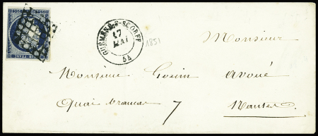 N°4 OBL grille + T15 "Guéméné-s-Scorff" (1851) sur lettre, ind 17. TB