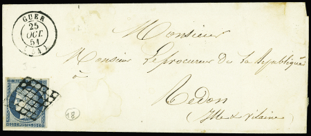 N°4 OBL grille + T15 Guer (1851) sur lettre, ind 17. TB