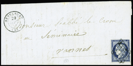 N°4 OBL grille + T15 Hennebont (1851) sur lettre, ind 13