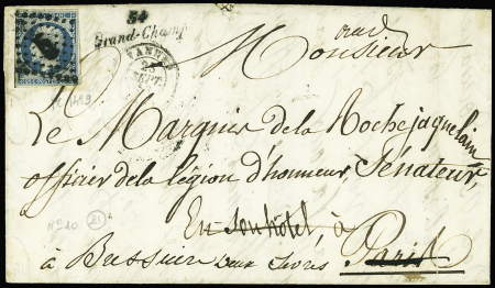 N°10 OBL PC 1429 (frappe empâtée) + cursive "54 Grand Champ" + T15 Vannes (1853) sur lettre, ind 20
