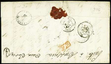 N°10 OBL PC 1429 (frappe empâtée) + cursive "54 Grand Champ" + T15 Vannes (1853) sur lettre, ind 20