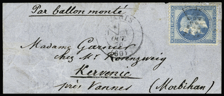 Ballon monté : n°29 OBL étoile muette + CAD "Paris (60)" (4 oct 70) sur ballon monté pour Kervenic près Vannes avec transit St Denis (4 oct) et arrivé Vannes (16 oct)