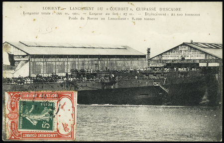 N°137 OBL sur porte timbre rouge "Lancement Courbet septembre 1911 Lorient aviation" sur carte postale "Lorient - Lancement du Courbet, cuirassé d'escadre"
