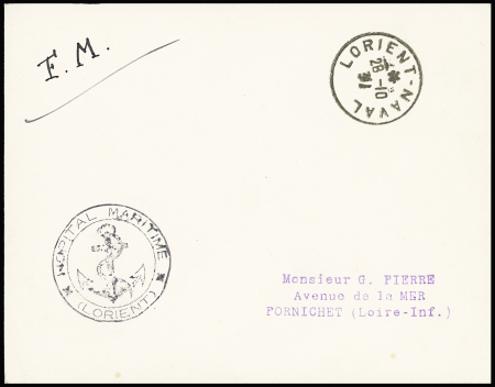 Lettre en franchise avec CAD "Lorient naval" (1939) + cachet noir avec ancre "hopital maritime (Lorient)". TB