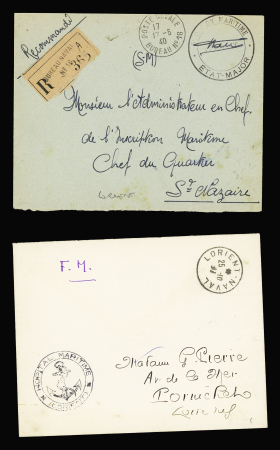 2 lettres en franchise : l'une avec CAD "Lorient naval" (1939) + cachet noir avec ancre "Hopital maritime (Lorient)", l'autre avec CAD "Poste navale bureau n°18"