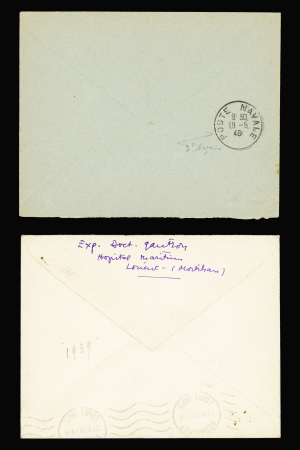 2 lettres en franchise : l'une avec CAD "Lorient naval" (1939) + cachet noir avec ancre "Hopital maritime (Lorient)", l'autre avec CAD "Poste navale bureau n°18"
