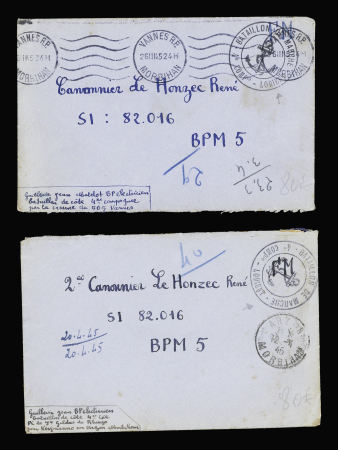 Deux lettres en franchise d'Arzon et Vannes (1945) avec cachet noir avec ancre "Bataillon de marche 4e COMPie Lorient" (1945). TB