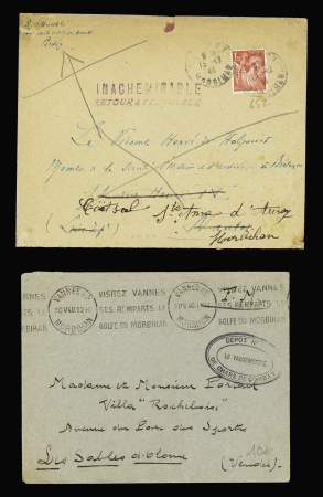 4 lettres 1940 - 1945 : école des marins radios Port-Louis, dépôt de chars 507 Vannes, dépôt de chars de combat et n°652 OBL Pontivy (1945) sur lettre