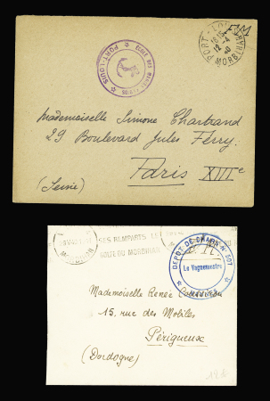 4 lettres 1940 - 1945 : école des marins radios Port-Louis, dépôt de chars 507 Vannes, dépôt de chars de combat et n°652 OBL Pontivy (1945) sur lettre