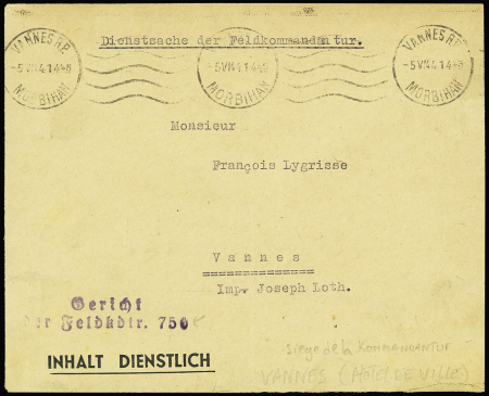 Lettre en franchise de Vannes (1941) avec griffe violette "Gericht des Feldkdtr 750" (tribunal de la Feldkommandantur). TB