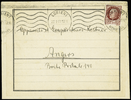 N°517 OBL Lorient (1943) sur lettre avec au verso griffe violette "Kriegsmarinewerft Lorient hafen Bauressort". Rare et TB