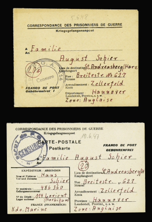 3 formules de prisonniers allemands au dépôt de PGA 114 de Lorient (1947 - 1948) avec 2 cachets différents. TB