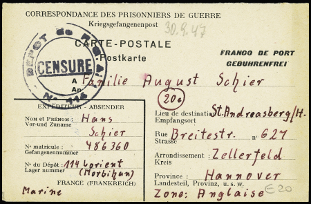 3 formules de prisonniers allemands au dépôt de PGA 114 de Lorient (1947 - 1948) avec 2 cachets différents. TB